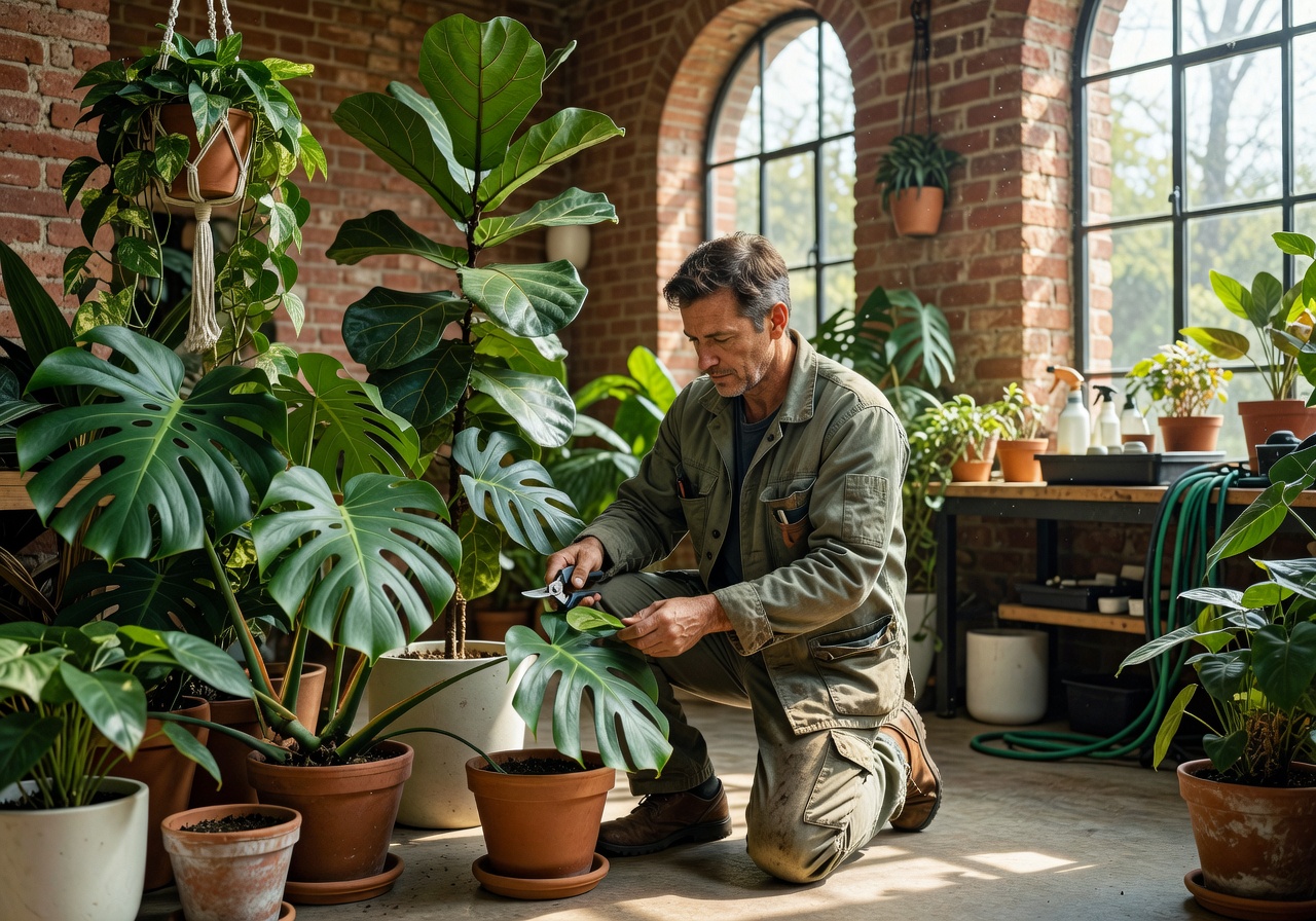 Botanical maintenance specialist tending to indoor plants