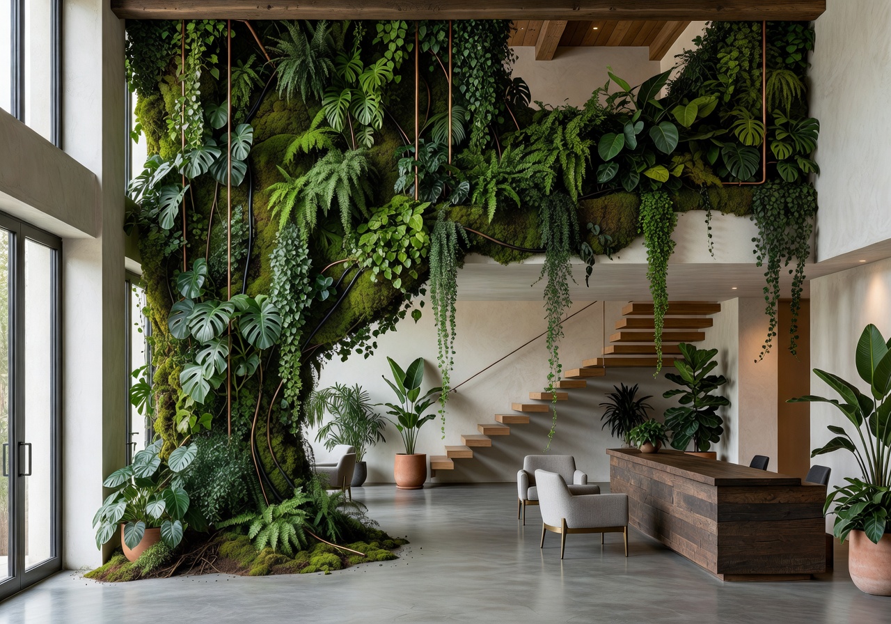 Boutique hotel lobby with cascading green installation