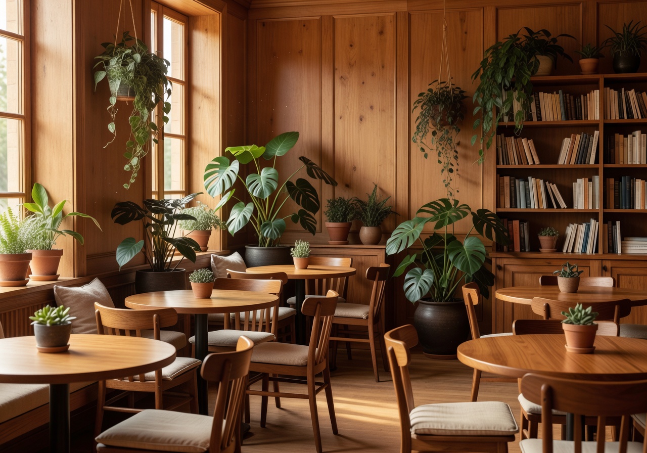 Café interior with botanical accents and warm wood