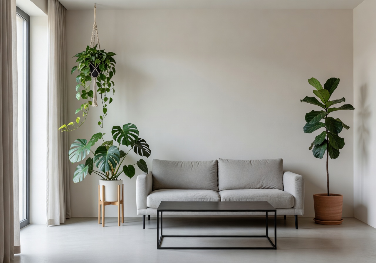 Curated plant styling in a modern minimalist living room