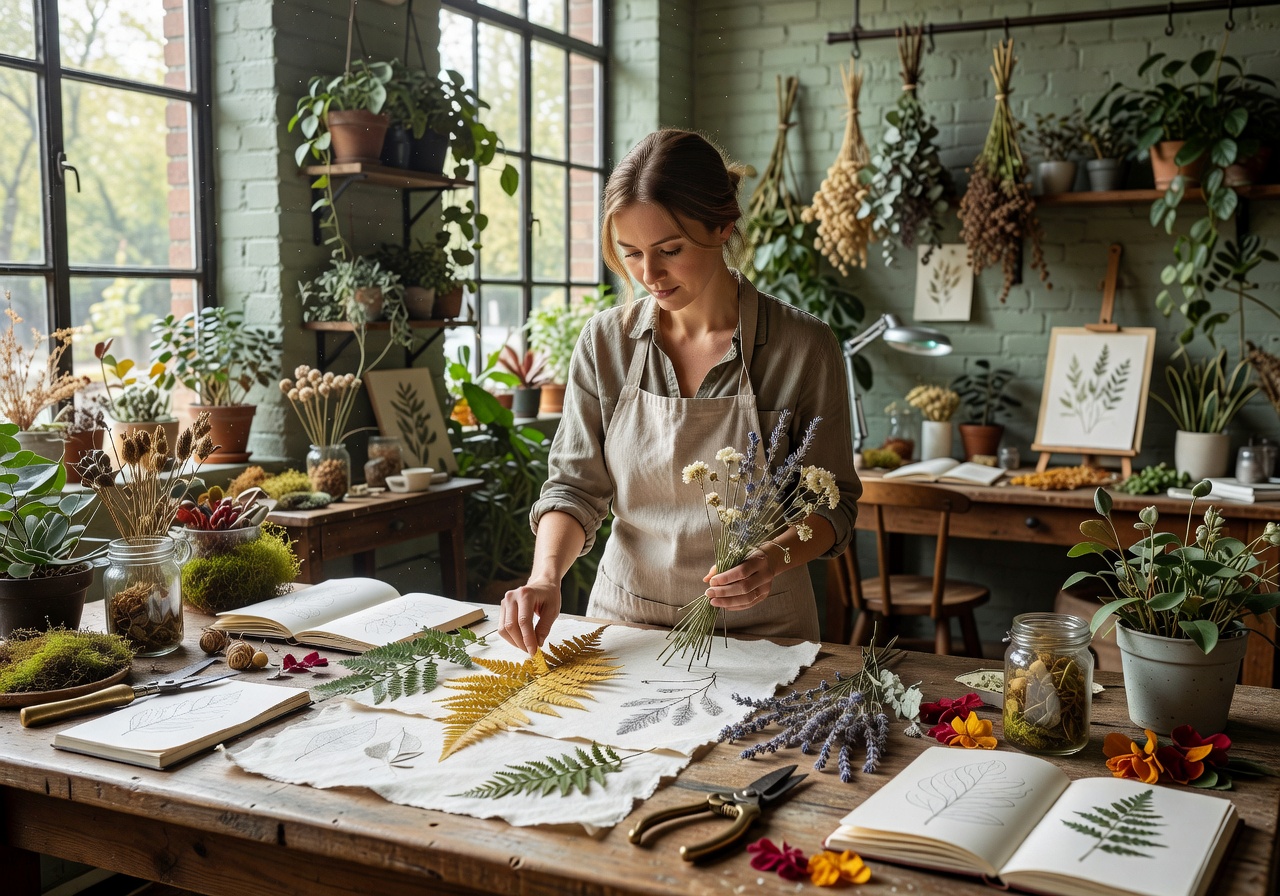 Designer arranging botanical specimens in the Verdant Atelier studio