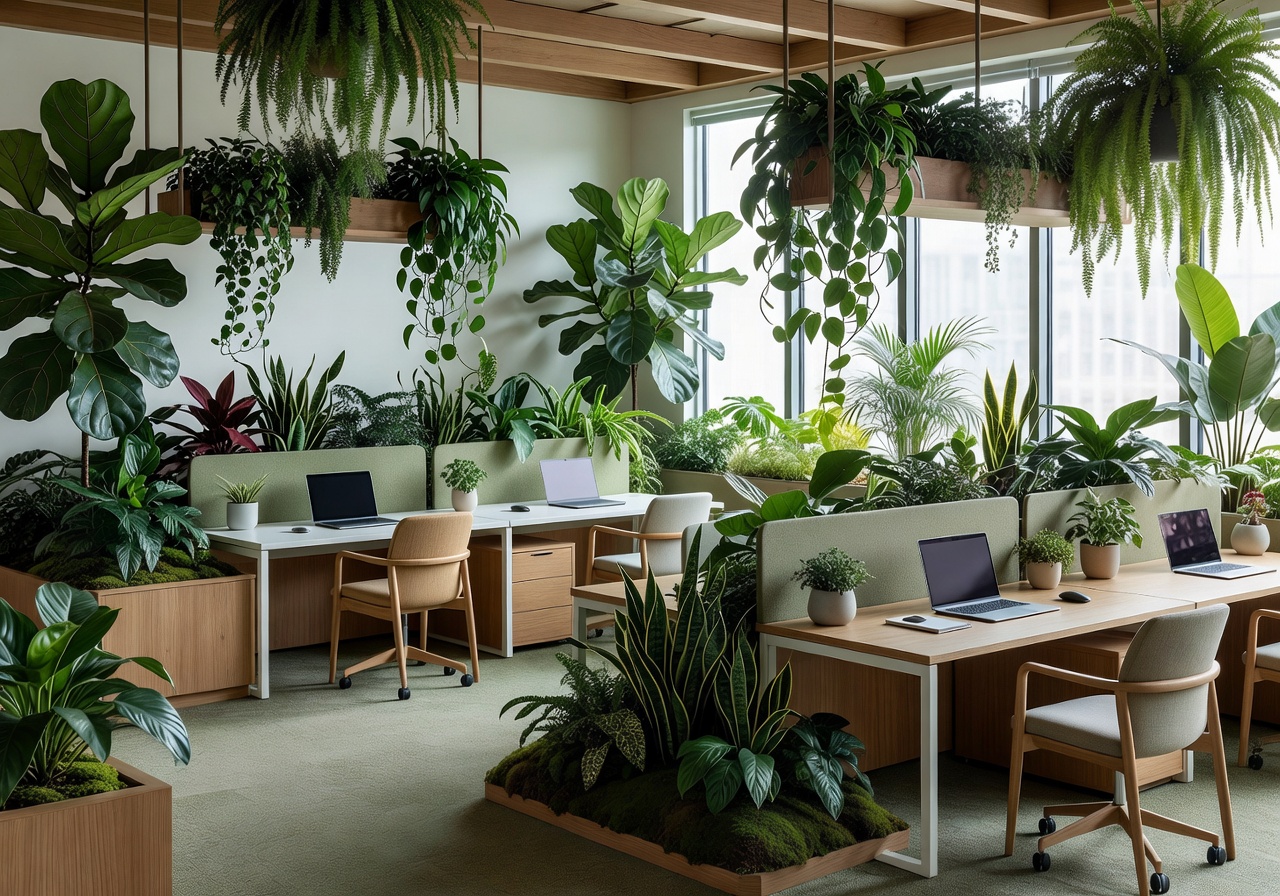 Greened workspace with plants integrated into office design