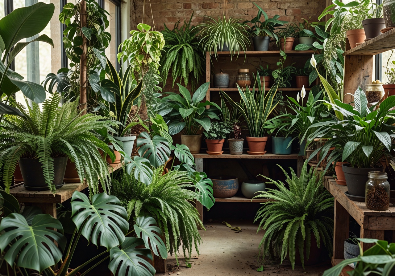 Lush indoor plant studio with soft natural light