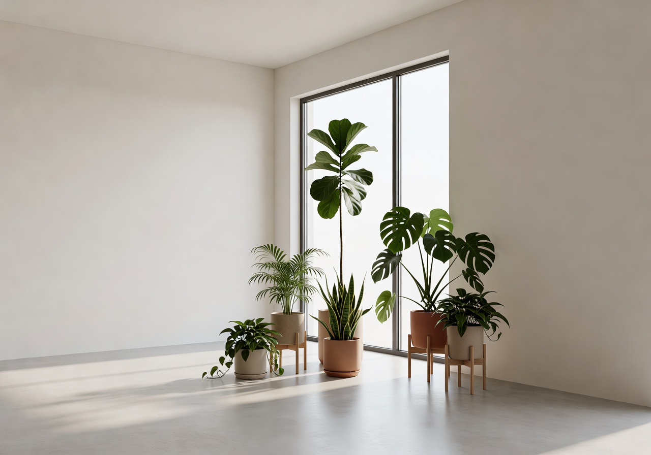 Minimalist studio apartment with curated plant arrangement