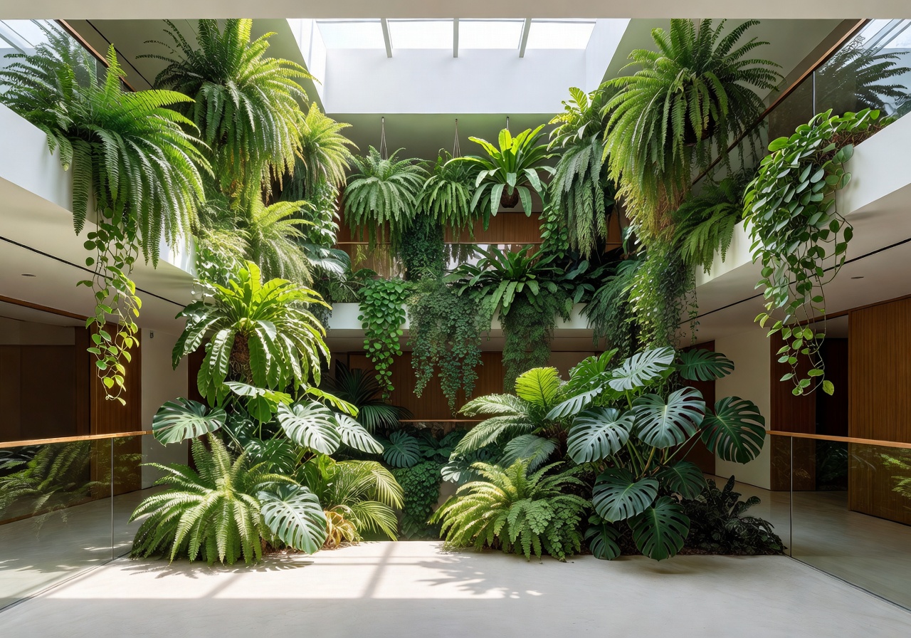 Residential atrium with hanging tropical plants